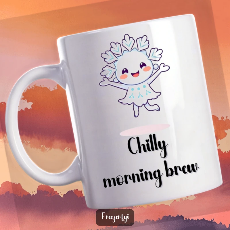 Funny happy snowflake character gracefully performing a joyful pirouette on a delightful coffee mug.