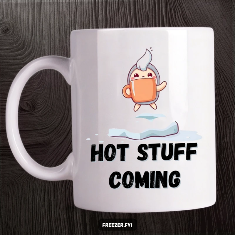 Funny mug showing a character with a steaming mug hopping excitedly on a frosty surface, radiating winter joy and warmth.