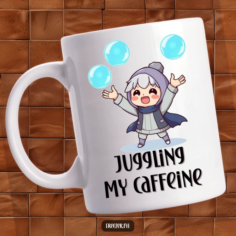 Funny mug depicts an excited character skillfully juggling three brightly glowing orbs of ice, showcasing dazzling winter magic.