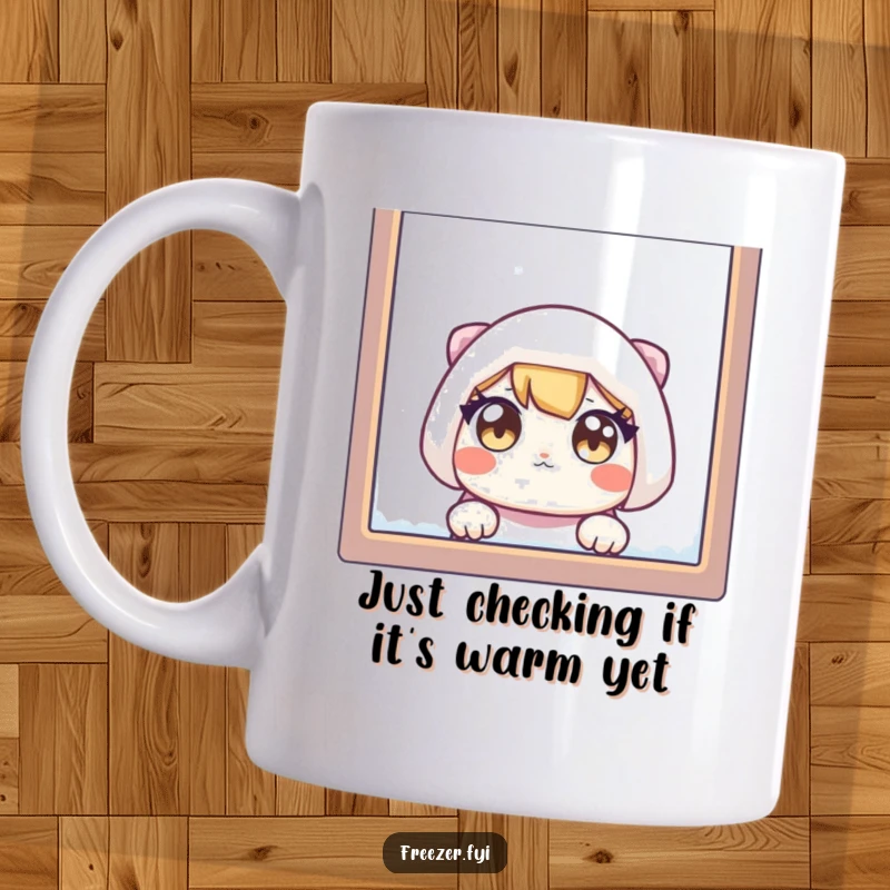 Funny mug with a character's wide eyes peeking through a frosty window, expressing curiosity and gentle mischief on a cold day.