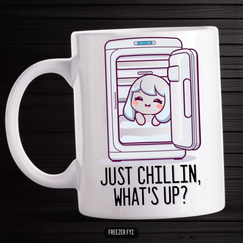 Funny mug featuring a character giggling while peeking from an open freezer door, a humorous gift.