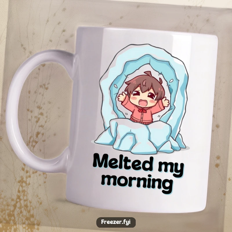 Funny mug featuring a character with a shocked expression, dramatically fleeing from a rapidly melting ice sculpture, conveying hilarious urgency.