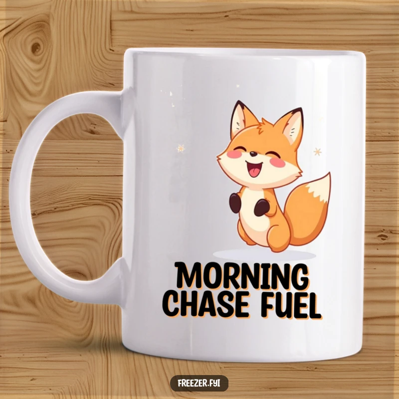 Funny Mug: A happy fox is depicted with a gleeful expression, playfully chasing intricate, falling snowflake patterns in the air.