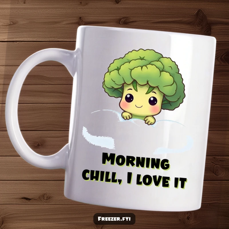 Funny mug featuring a cute broccoli floret character peeking out from a frosty fog, evoking a sense of cool mystery and health.