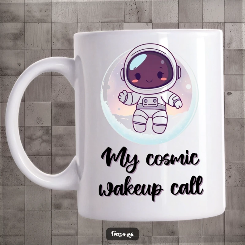 Funny mug with a happy astronaut character floating serenely inside a frosty, luminous orb, capturing space exploration wonder.