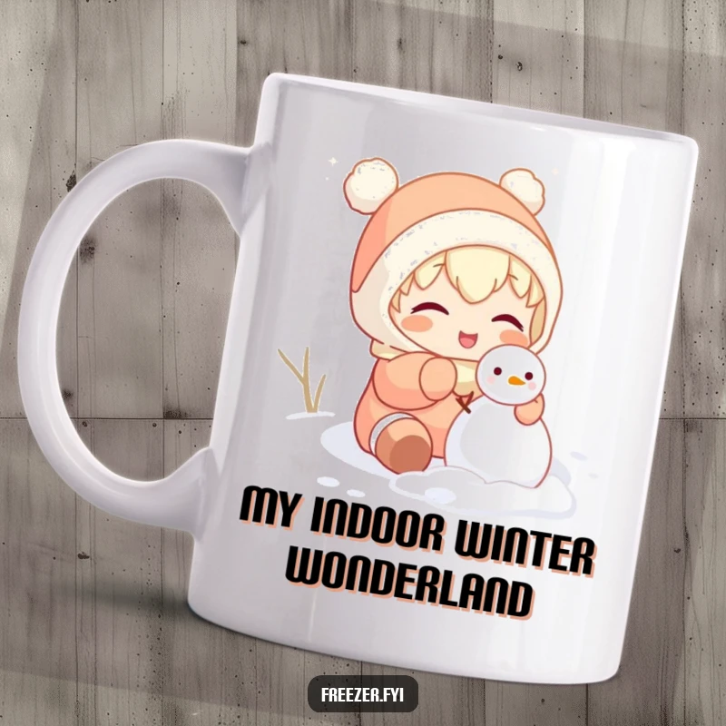 Funny mug showing a character gleefully attempting to build a tiny snowman inside, embracing indoor winter antics with joy.