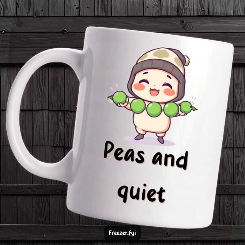 Funny mug showing a character in a toque cheerfully juggling three frozen peas, celebrating lighthearted kitchen skills.