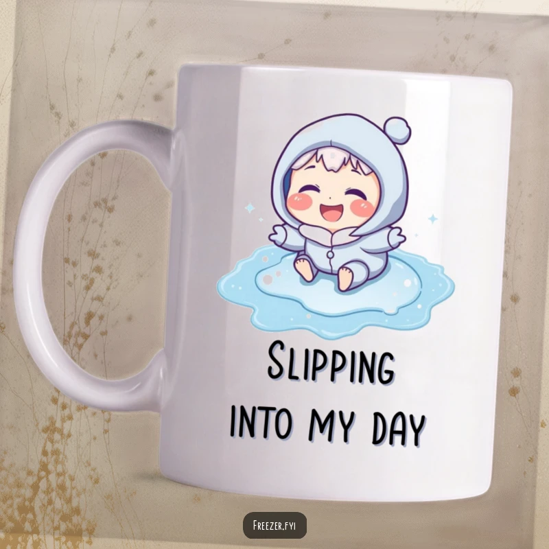 Funny mug depicting a character with icy blue cheeks laughing heartily while sliding gleefully on a frozen puddle, embodying winter joy.