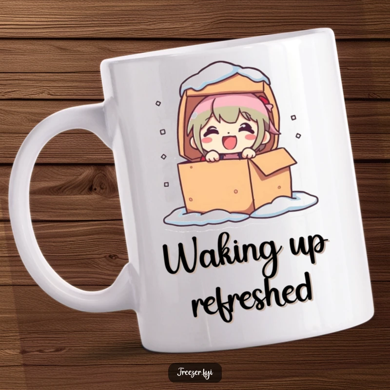 Funny mug showing a character popping out of a frozen box with a look of pure delight and excitement.