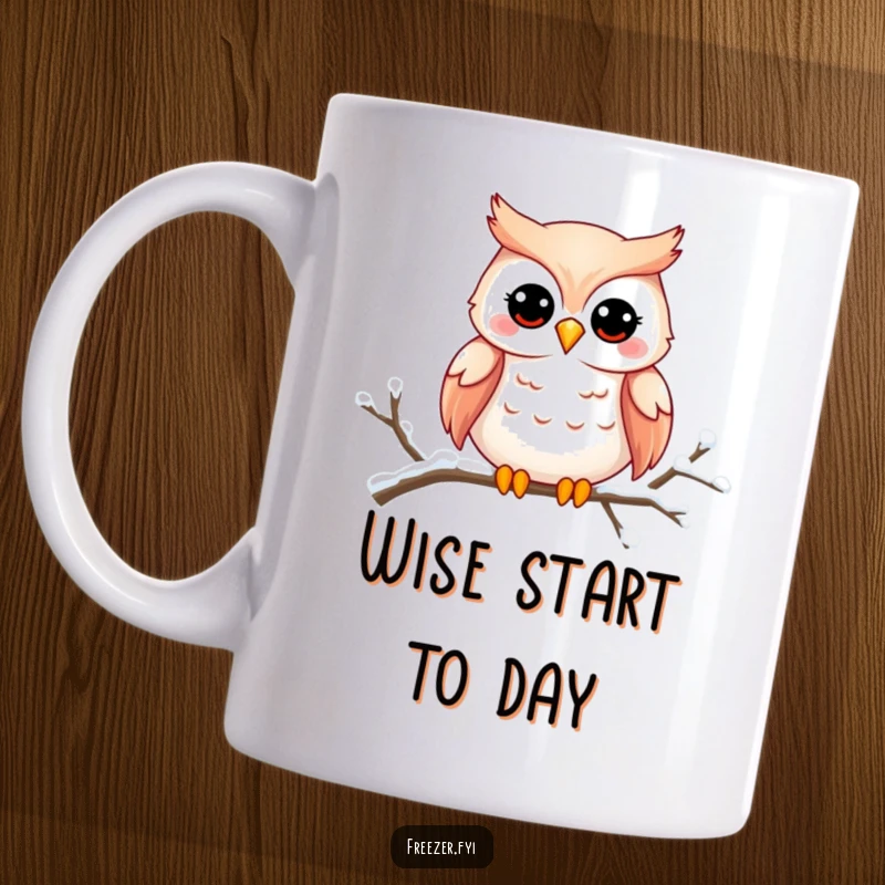 Funny owl mug showing a charming owl smiling on a snowy branch, bringing a sense of cozy winter joy.
