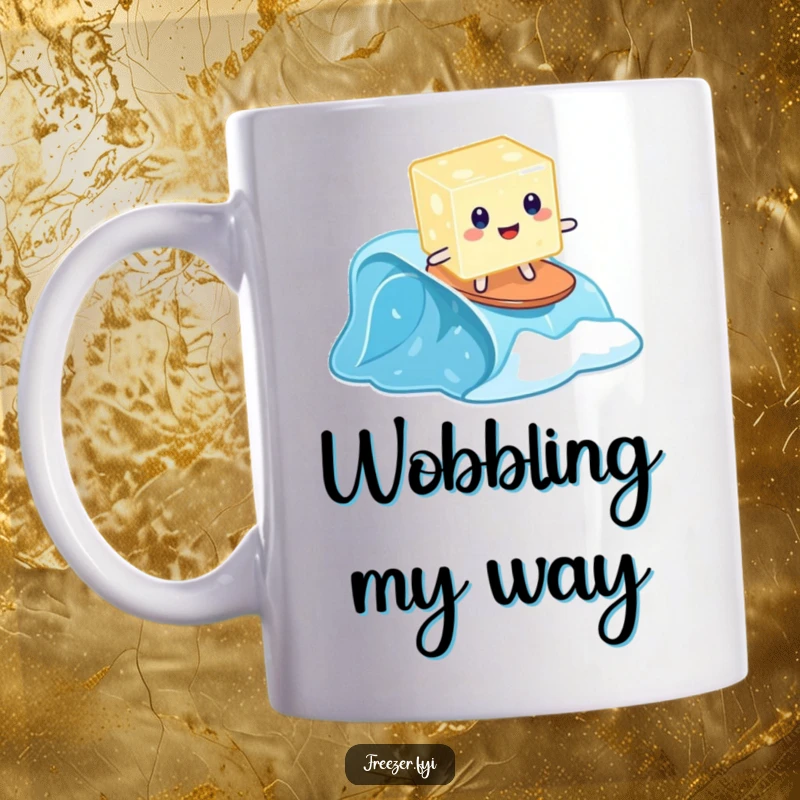 Funny jelly cube mug with a wobbly jelly trying to surf on a small frozen wave, a humorous and unique design.