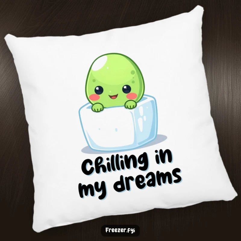 Funny frozen pea pillow with a smiling character peeking from a tiny ice cube, offering soft, cool comfort.
