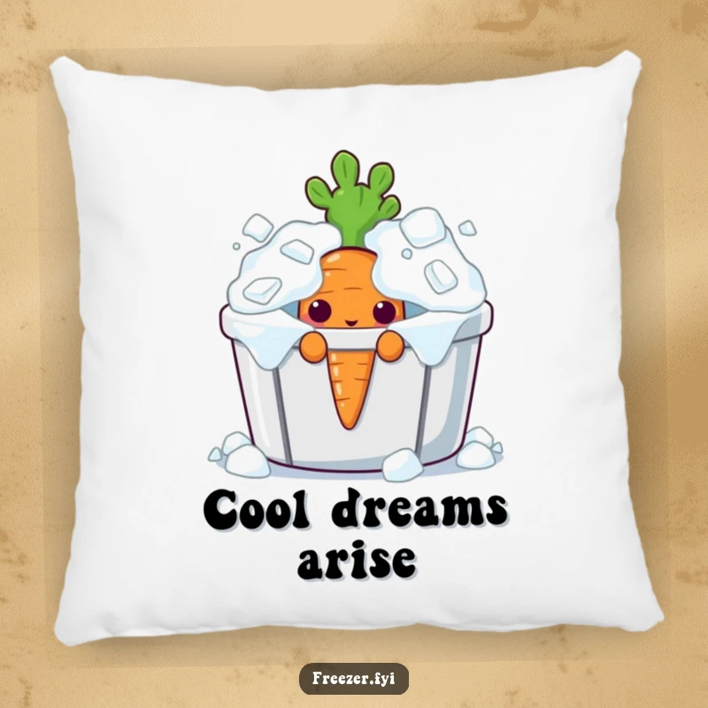 Funny curious carrot character peeking from an overflowing ice bin on a soft and cozy accent pillow.