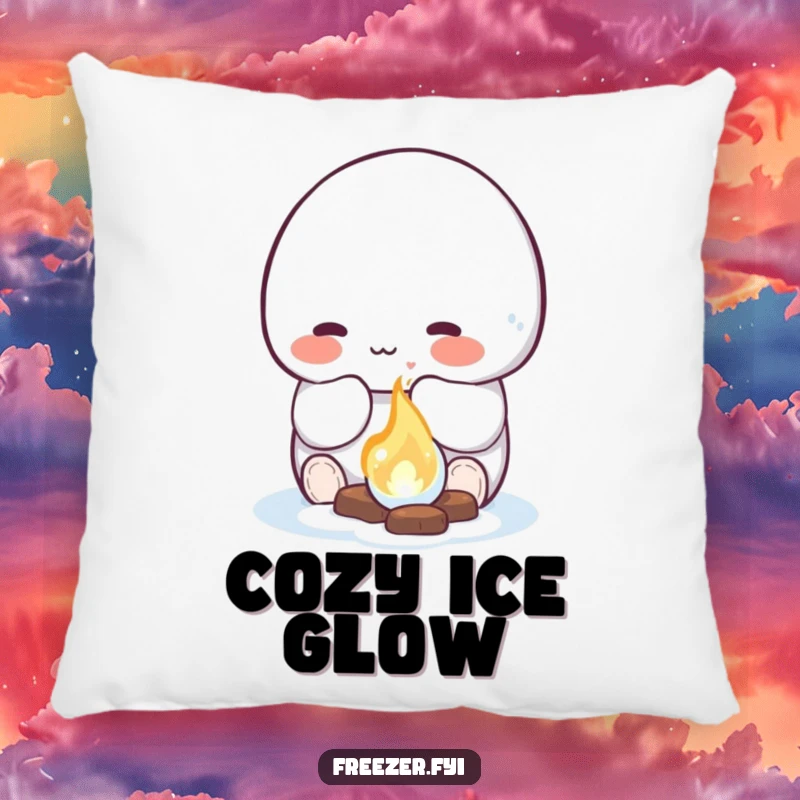 Funny pillow featuring a rosy-cheeked character happily warming their hands by a small, glowing ice fire, offering soft comfort and a cozy design.