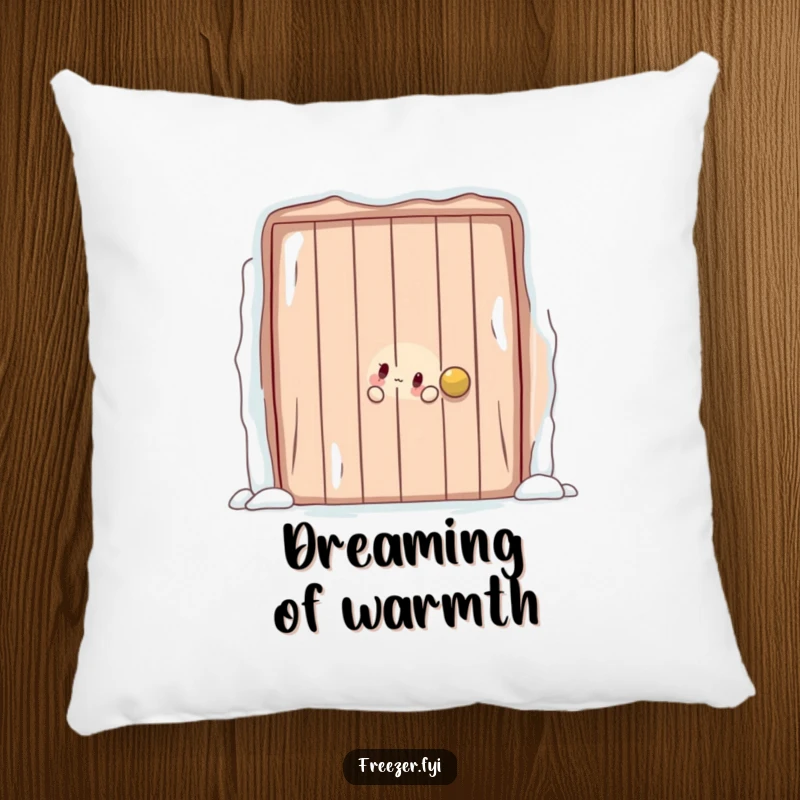 Cozy pillow featuring a character playfully peeking out from behind a large, frosty door, offering soft comfort and a touch of playful mystery.