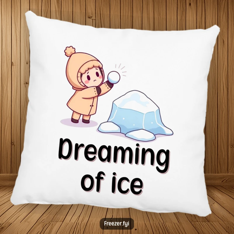 Funny pillow with a character playfully throwing a snowball at a curious, floating ice floe, bringing comfort and winter humor.