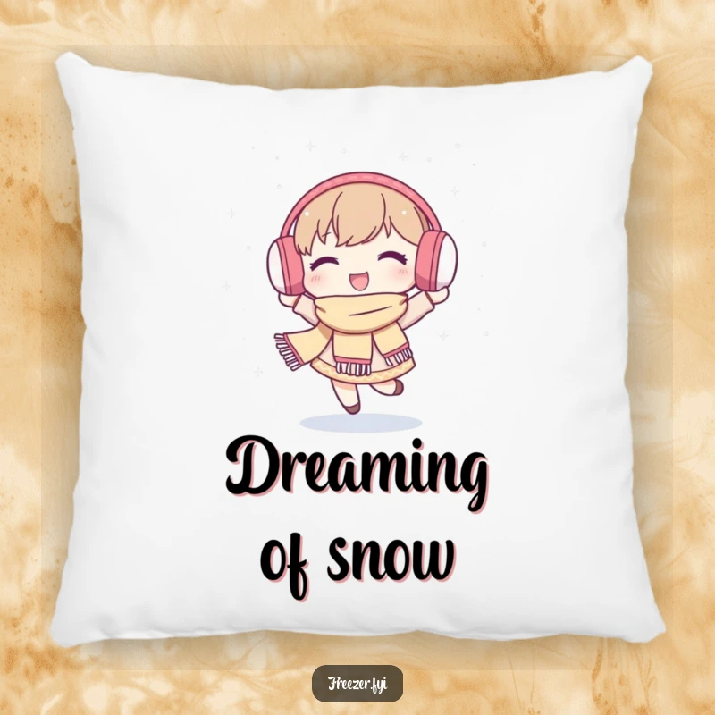 Funny pillow illustration of a character in earmuffs and scarf, joyfully dancing in soft snowflakes, bringing cozy winter vibes.