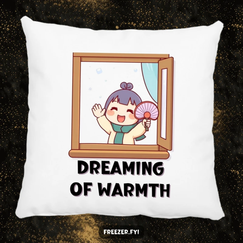 Funny pillow featuring a character enthusiastically fanning a small fan at a frosty window. Soft and humorous decor for a cheerful space.