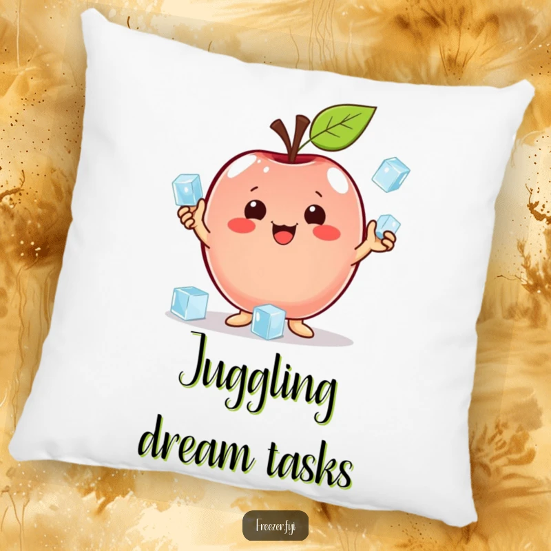 Funny accent pillow with a proud apple character juggling ice cubes, providing comfort and a dose of humorous skill.
