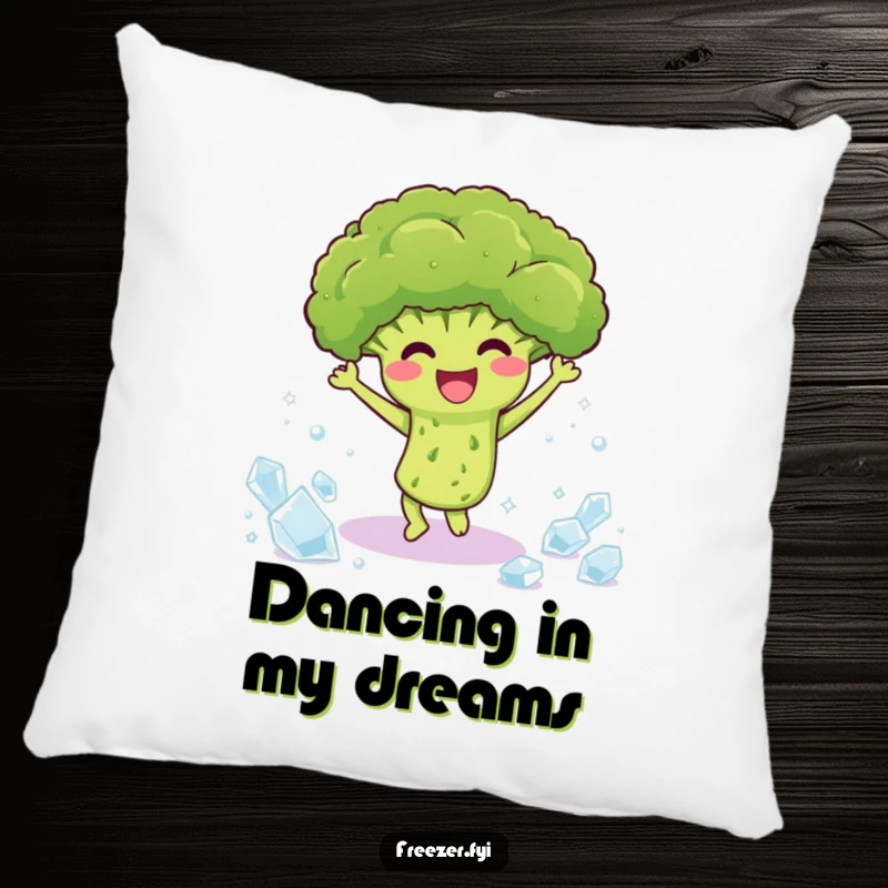 Funny accent pillow with a happy broccoli dancing among ice crystals, providing comfort and a dose of humor.