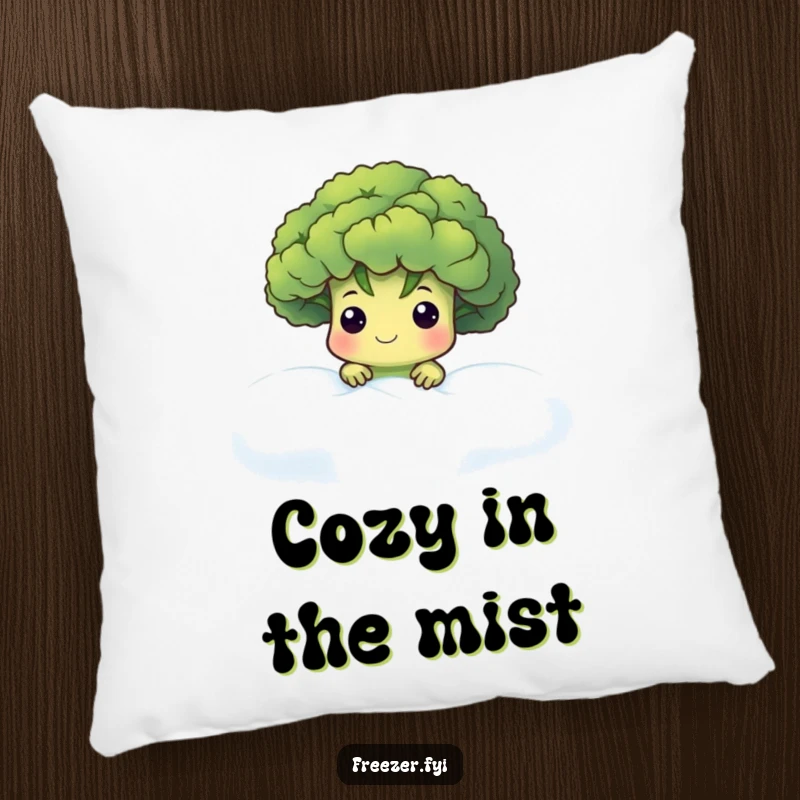 Funny pillow with a cute broccoli floret character peeking out from a frosty fog, offering comfort and a mysterious, cool element.