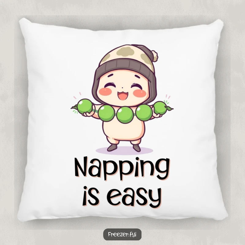 Funny pillow with a character in a toque cheerfully juggling three frozen peas, bringing comfort and culinary comedy to any room.