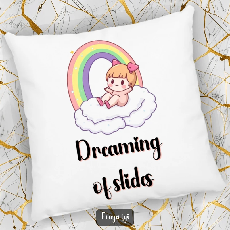 Funny pillow with a character happily sliding down a rainbow made of frost, offering soft comfort and winter magic.