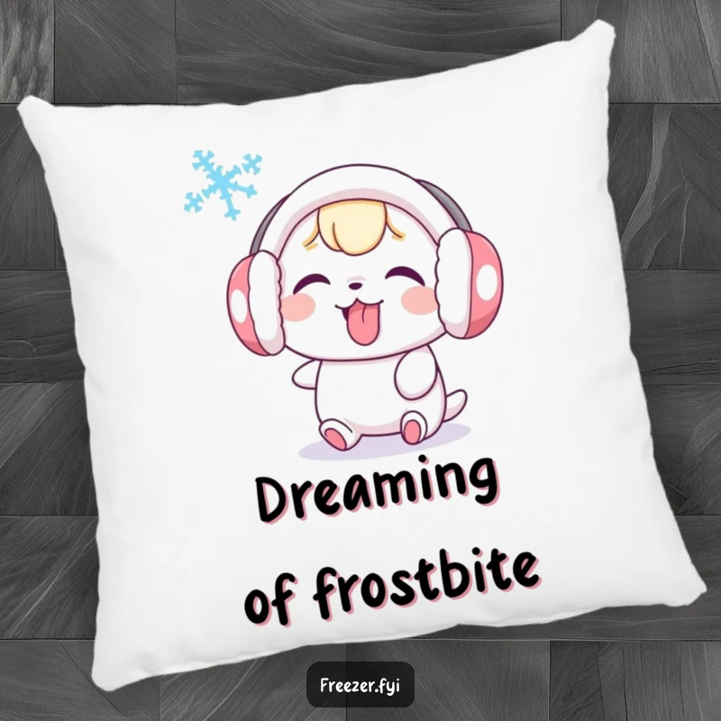 Funny pillow featuring a cute character in earmuffs, playfully sticking its tongue out at a swirling snowflake, perfect for cozy, humorous comfort.