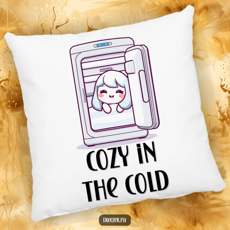 Funny pillow with a character giggling inside an open freezer, a humorous and cozy decor piece.