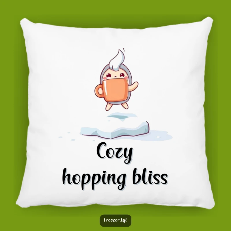 Funny Frosty Fun Pillow: Excited Character Hops with Steaming Mug