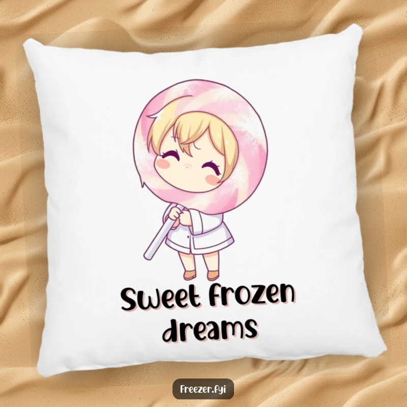 Funny pillow showcasing a character struggling comically with a giant, ice-encrusted lollipop, offering humorous comfort and sweet decor.