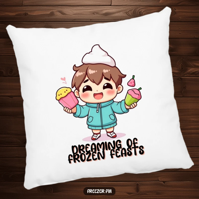 Funny pillow with a character smiling while juggling frozen foods, a humorous and cozy decor piece.