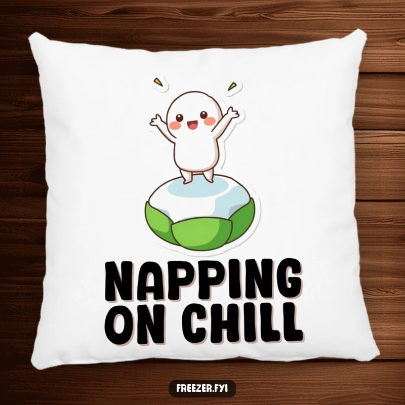 Funny pillow featuring a happy character dancing on a small frozen pea, adding a touch of humor to any seating area.