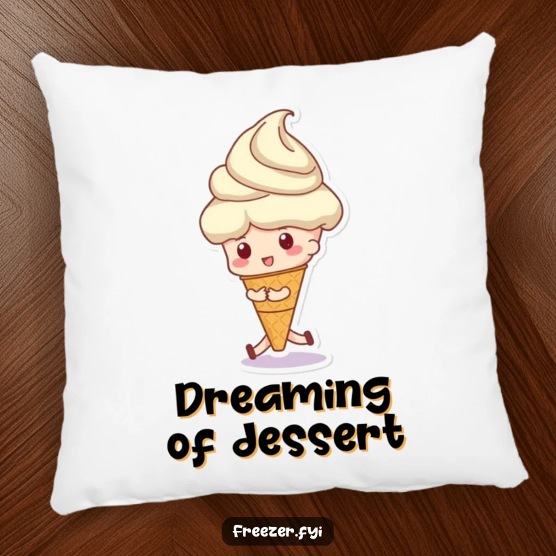 Funny pillow featuring a character playfully pushing a massive ice cream scoop, adding sweet humor to any room.