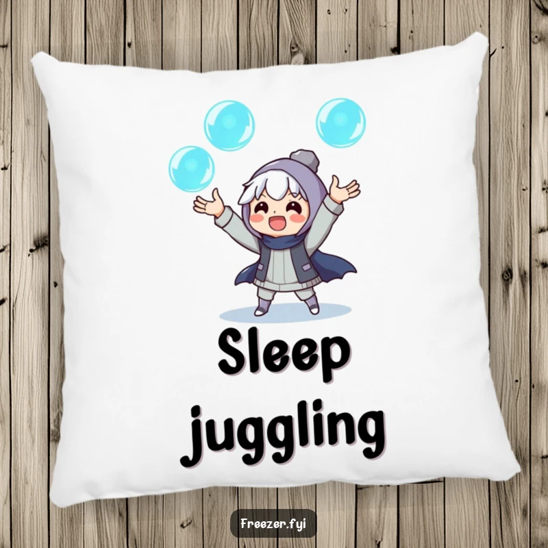 Funny pillow with an excited character juggling three glowing ice orbs, providing soft comfort and an enchanting design.