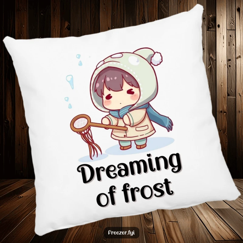 Funny pillow with a character playfully trying to catch falling icicles with a small net, bringing comfort and winter humor.