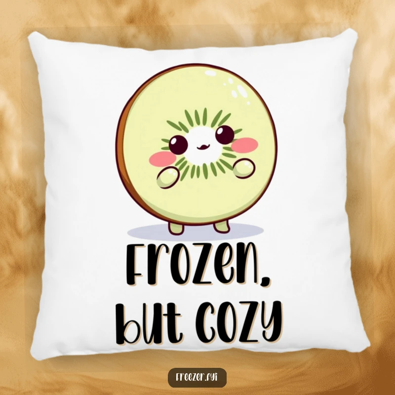 Funny Kiwi Slice Pillow: Cute fruit character shrugging playfully in the cold, perfect for cozy humor.