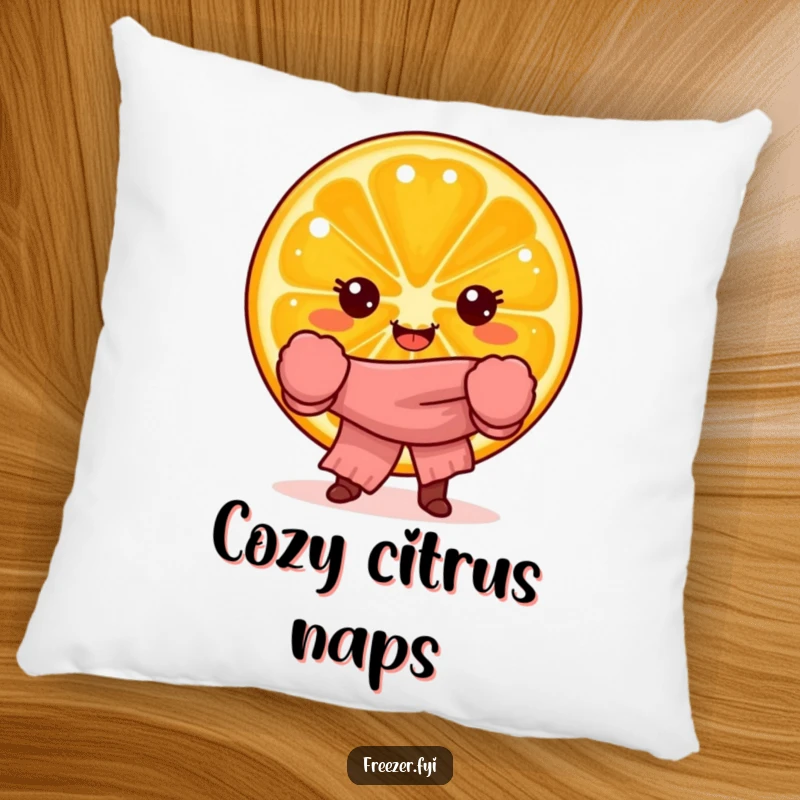 Funny accent pillow with a joyful orange slice character in mittens and scarf, providing comfort and citrus humor.