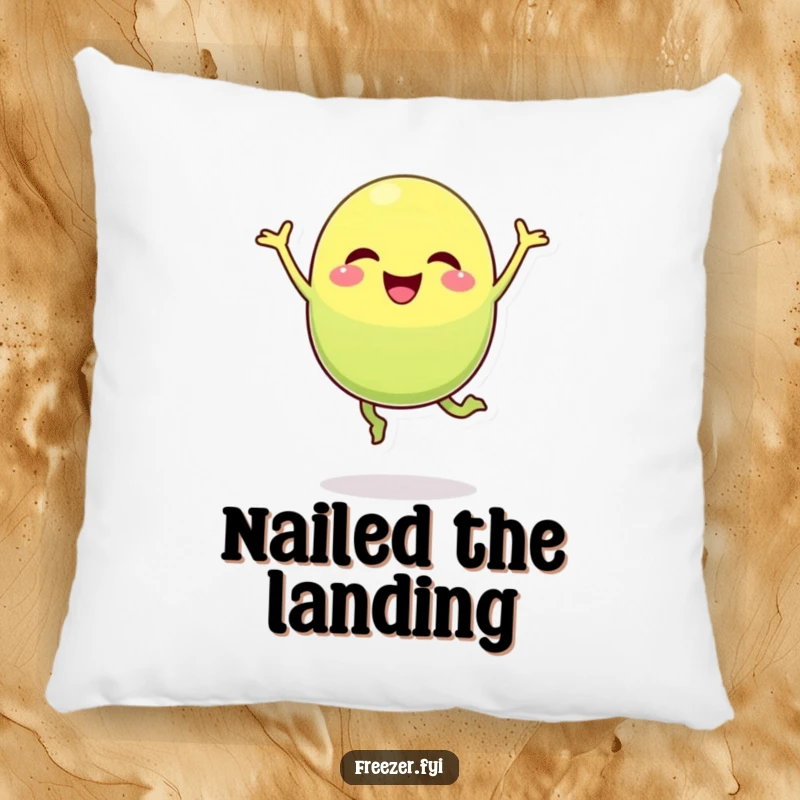 Funny pea pod pillow featuring a cheerful character in a dynamic, comical jumping pose, adding fun to decor.