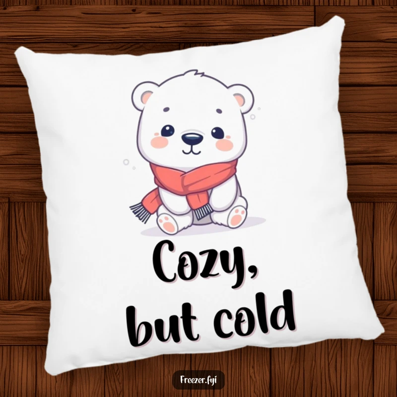Funny polar bear pillow with a kawaii character in a tiny scarf, playfully shivering, offering soft, cozy comfort.