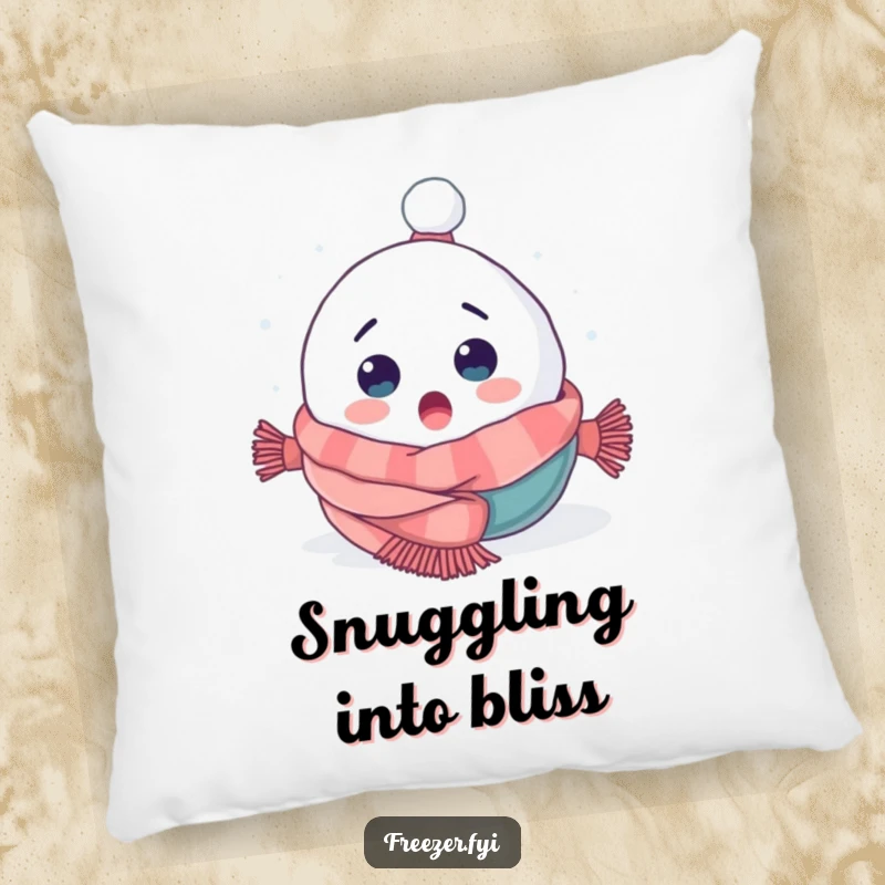 Funny pillow featuring a surprised snowball character tumbling headfirst into a cozy scarf, bringing snug winter vibes.
