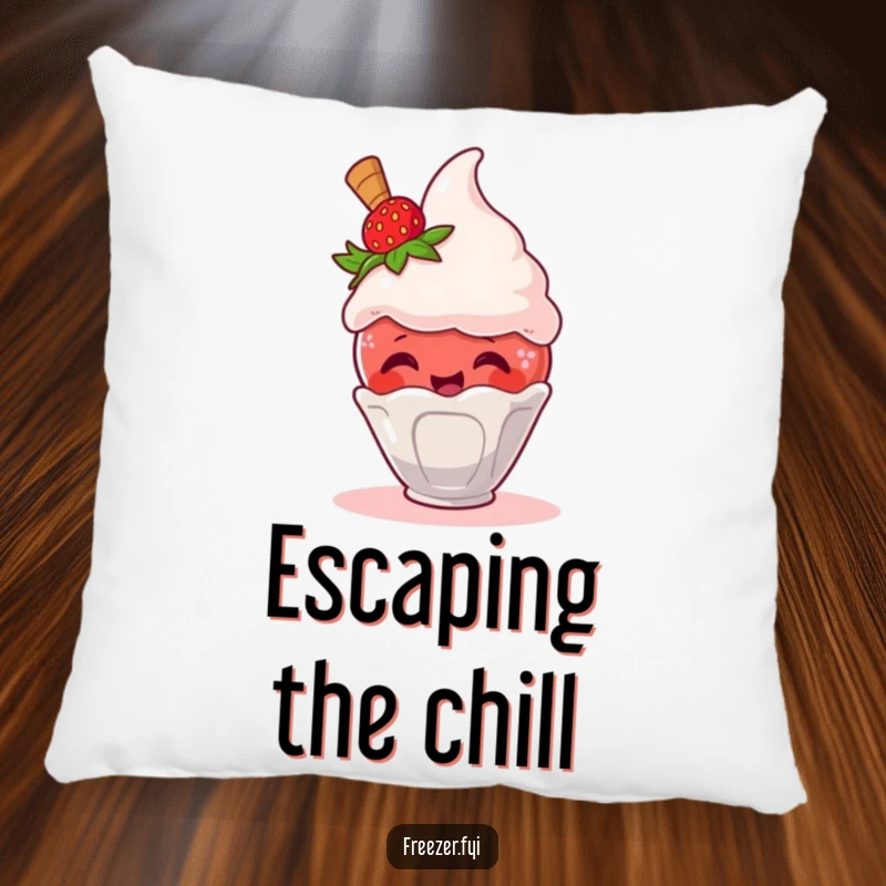 Funny accent pillow with a giggling strawberry escaping an ice cream scoop, perfect for comfort and humor.