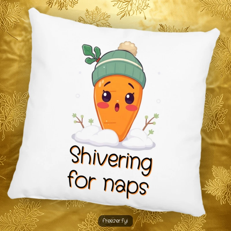 Funny surprised carrot pillow with a carrot wearing a tiny winter hat, shivering in snow, cozy winter comfort gift.