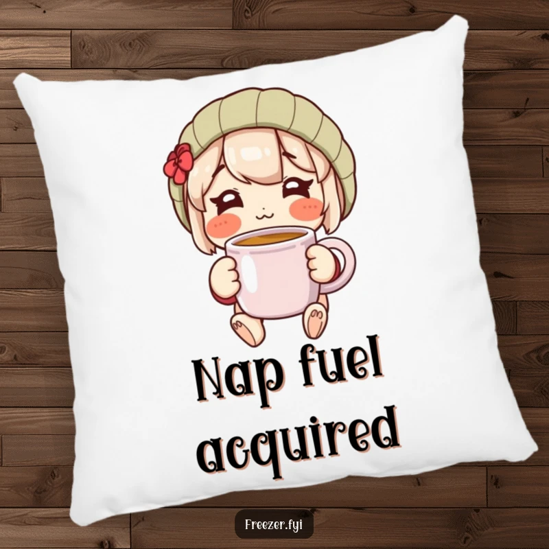 Cozy pillow featuring a rosy-cheeked character happily holding a warm mug, providing softness and cheerful comfort.
