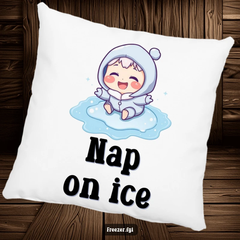Funny pillow featuring a character with icy blue cheeks laughing while sliding on a frozen puddle, perfect for cozy, humorous comfort.