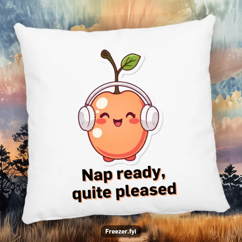 Funny pillow with a tiny cherry character wearing miniature earmuffs, looking pleased, offering comfort and a humorous, cozy element.
