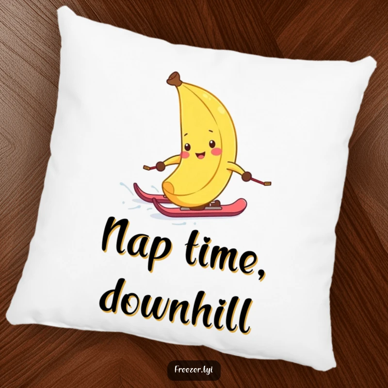Funny pillow featuring a laughing banana peel with skis, hilariously speeding down a snowy slope, offering plush comfort and winter amusement.