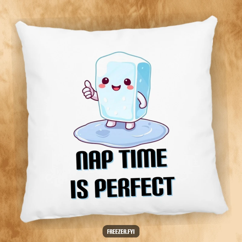 Funny ice cube pillow featuring a happy cartoon ice cube giving a thumbs up from a puddle, offering soft, cool comfort.