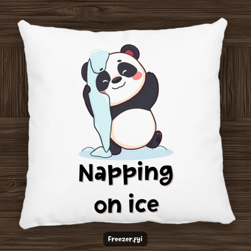 Funny panda pillow showing a soft panda hugging a giant icicle, providing comfort and a touch of cold humor.