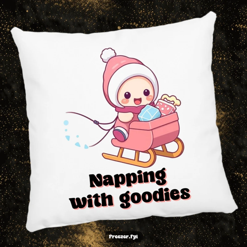 Funny pillow featuring a character pulling a sled loaded with frosty treats, a cozy representation of winter's sweet rewards.